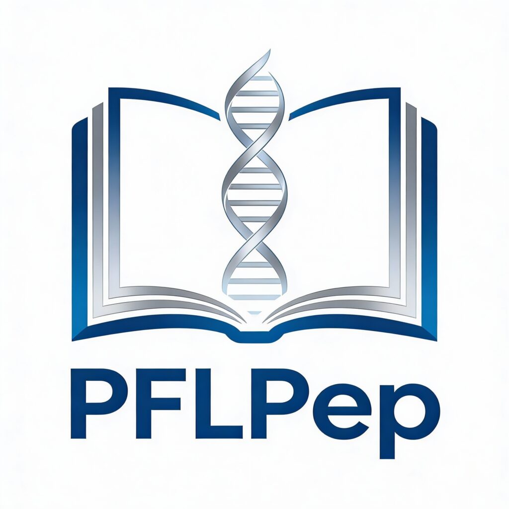 PFLPep Research Education Logo - Open book with DNA helix symbol